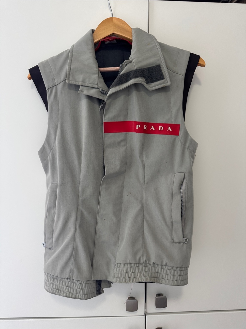 Prada Light Gray Sleeveless Vest with Red Logo Stripe